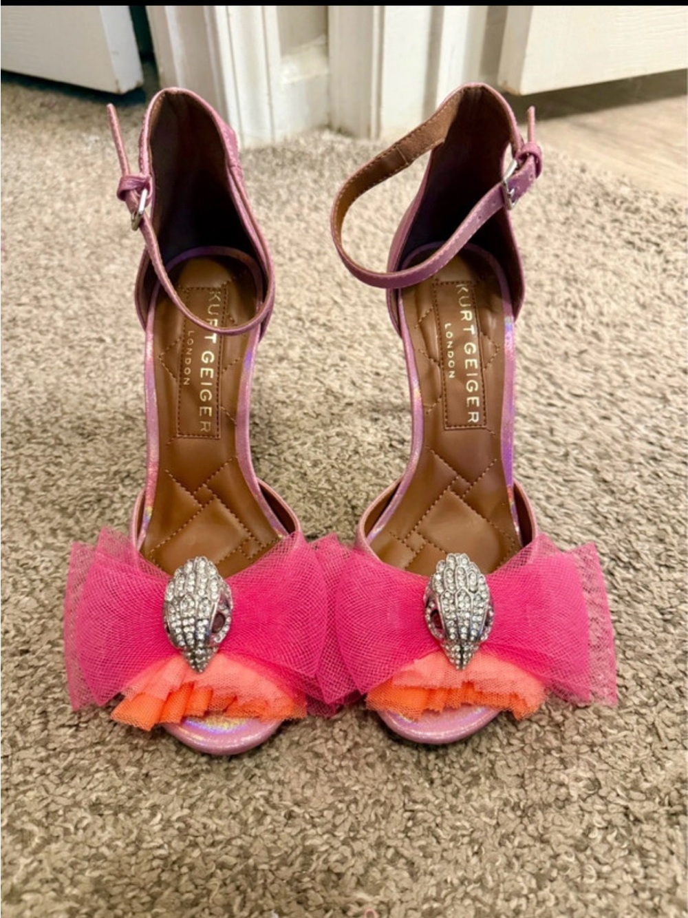 Kurt Geiger Pink and Orange Tulle Ankle-Strap Heels with Crystal Accent